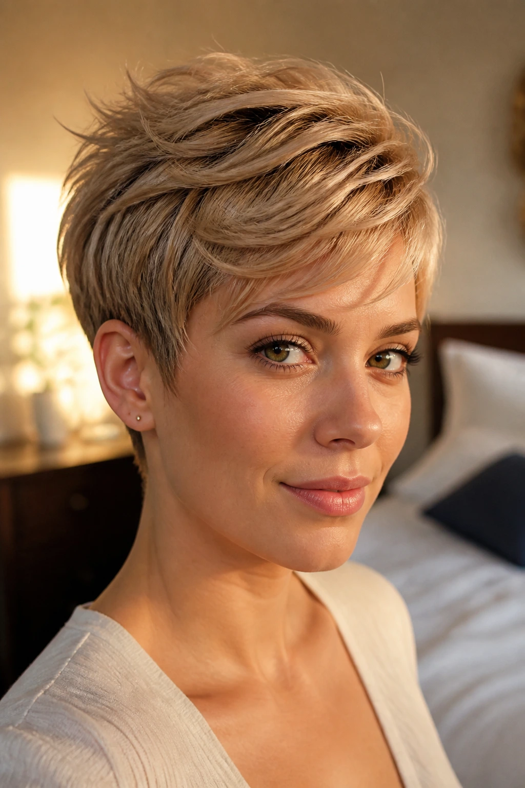 Close-up portrait of a woman with a feathered pixie hairstyle