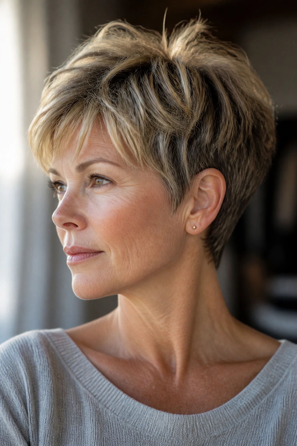 Real woman with feathered crown pixie for fine hair, crown lift in window light