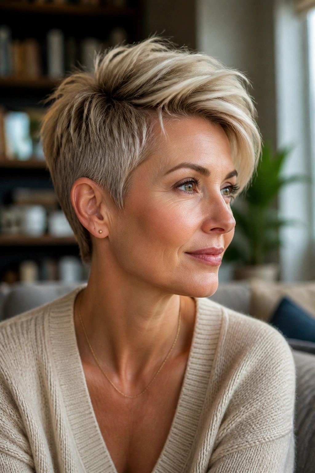 Close-up of real woman with a long top feathered pixie for fine hair, natural window light.