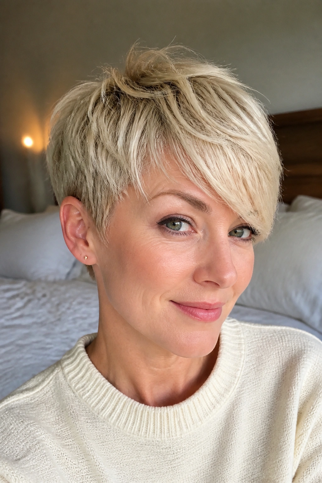 Close-up of a real woman with feathered pixie and butter-blonde side-swept fringe