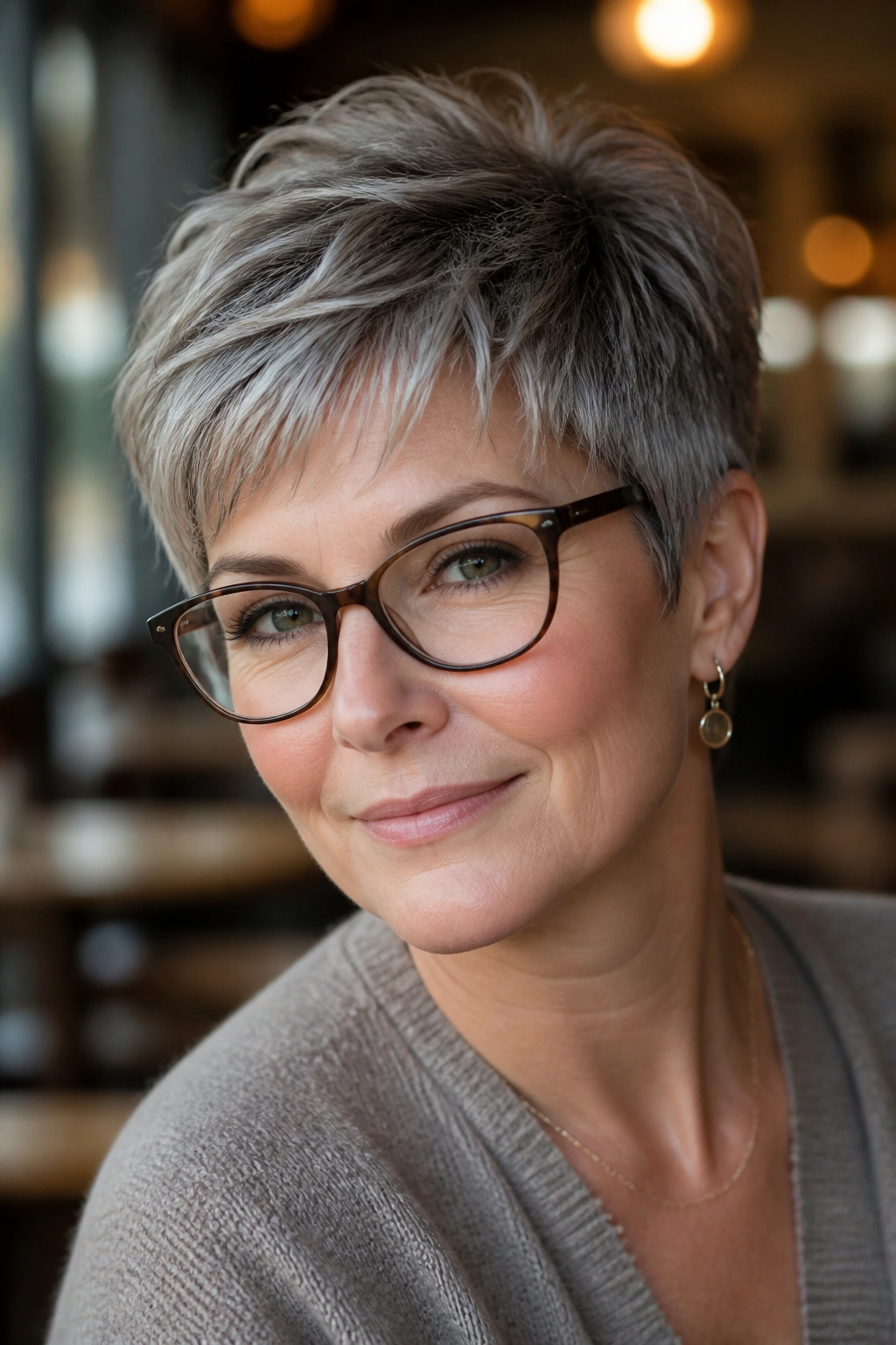 Close-up portrait of a woman with a feathered pixie hairstyle and glasses
