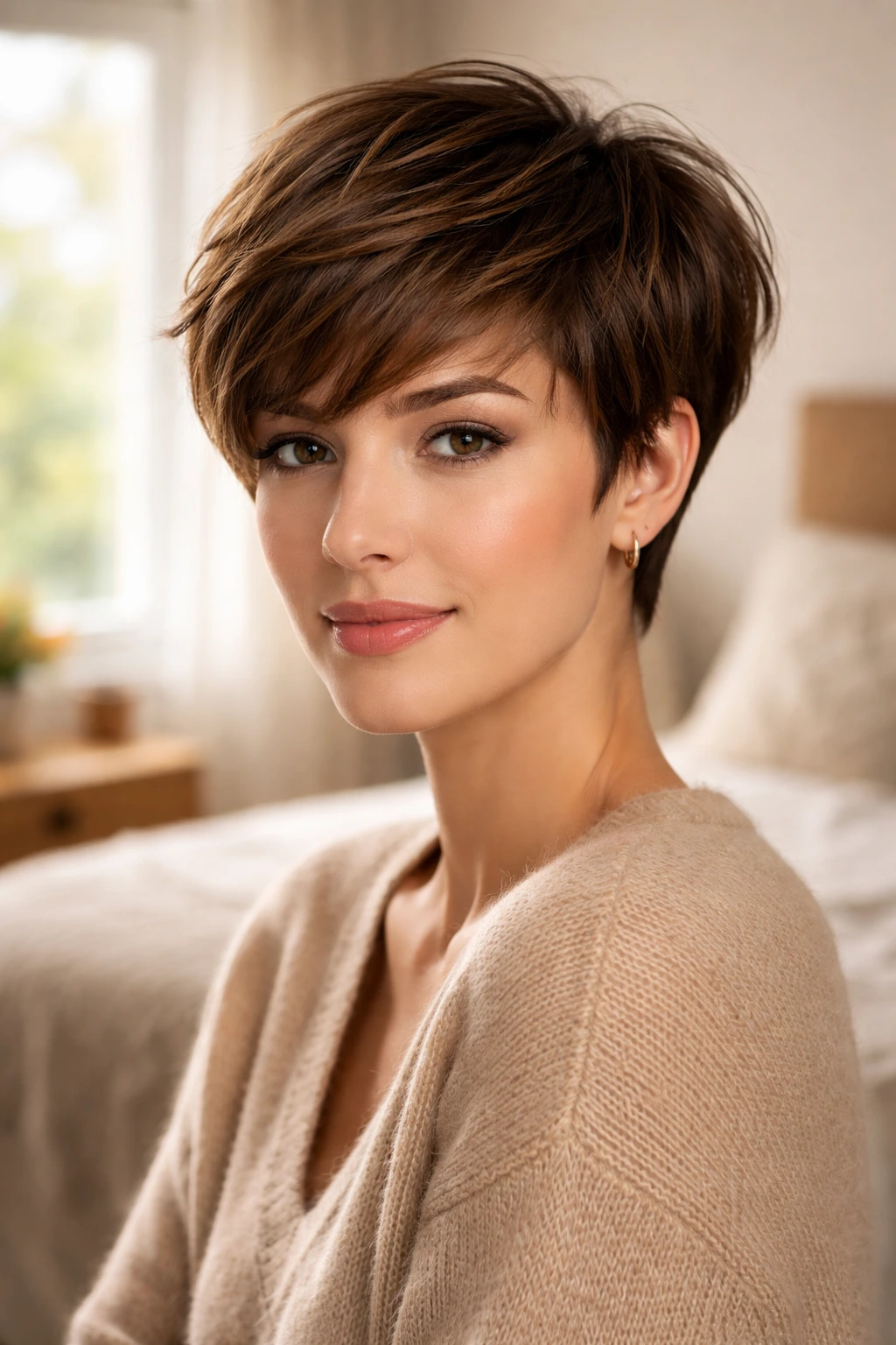 Close-up of a real woman with a feathered pixie hairstyle and soft feathered ends
