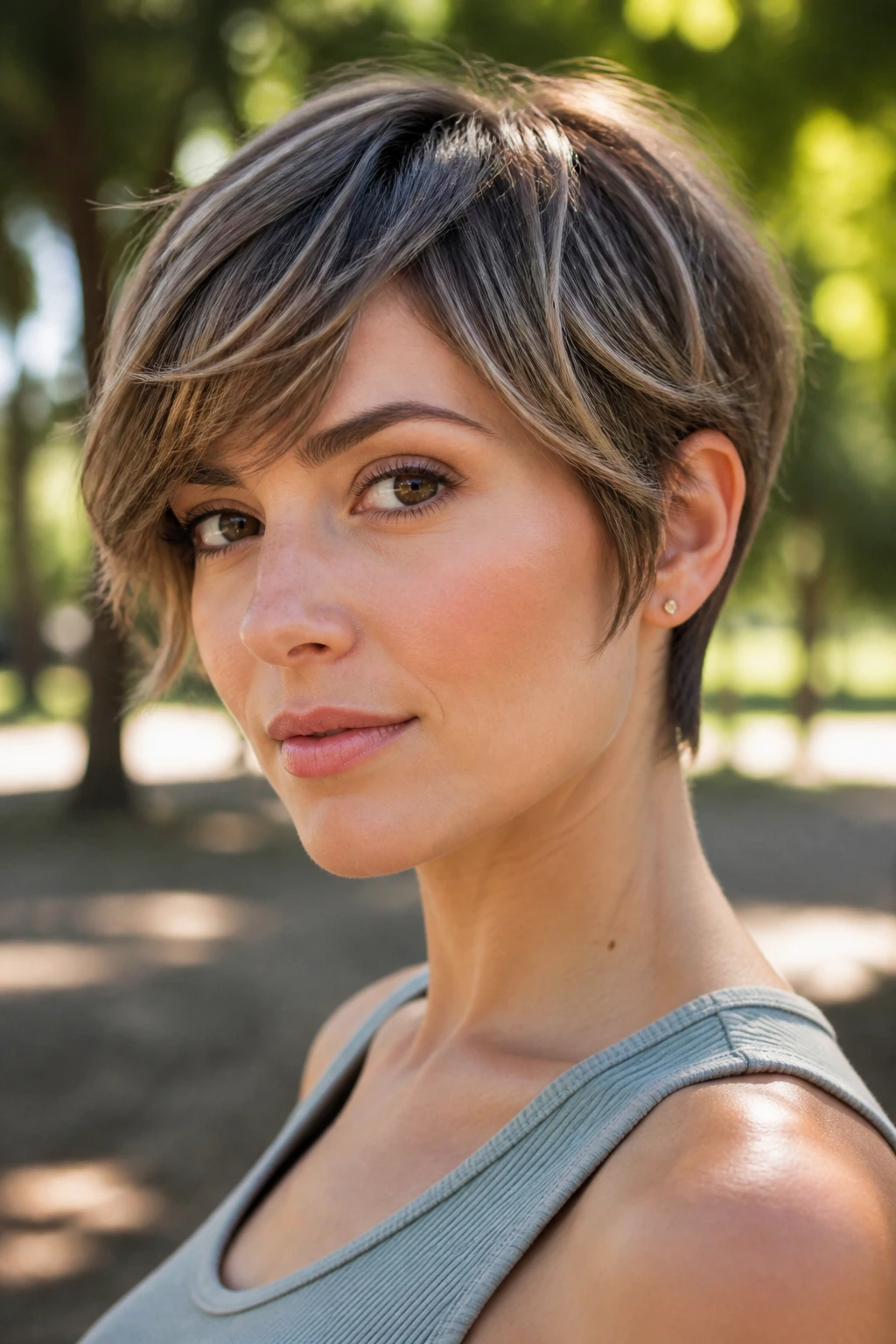 Close-up portrait of a woman with a feathered long pixie and airy, soft ends.