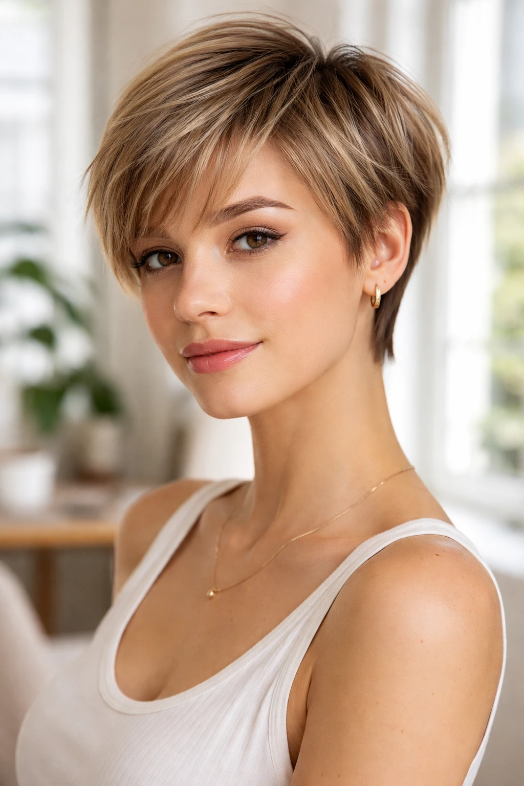 Portrait of a person with feathered pixie hairstyle in bright room