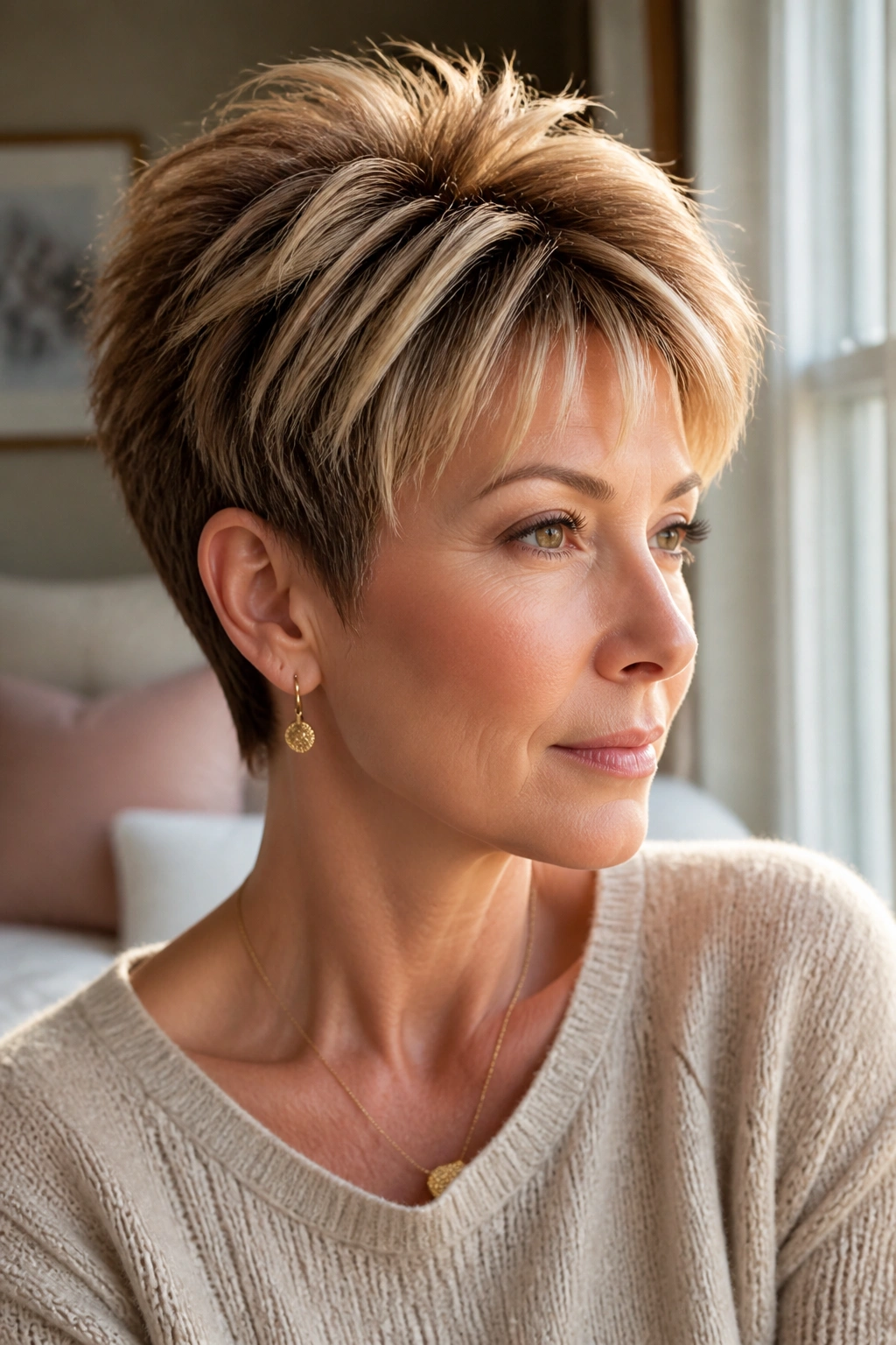 Close-up of a real woman with feathered honey pixie cut and crown lift in warm window light