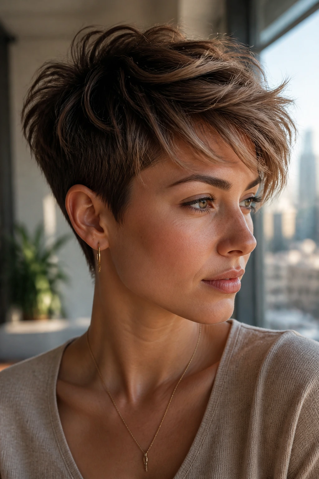 Portrait of a real woman with a feathered pixie and long top