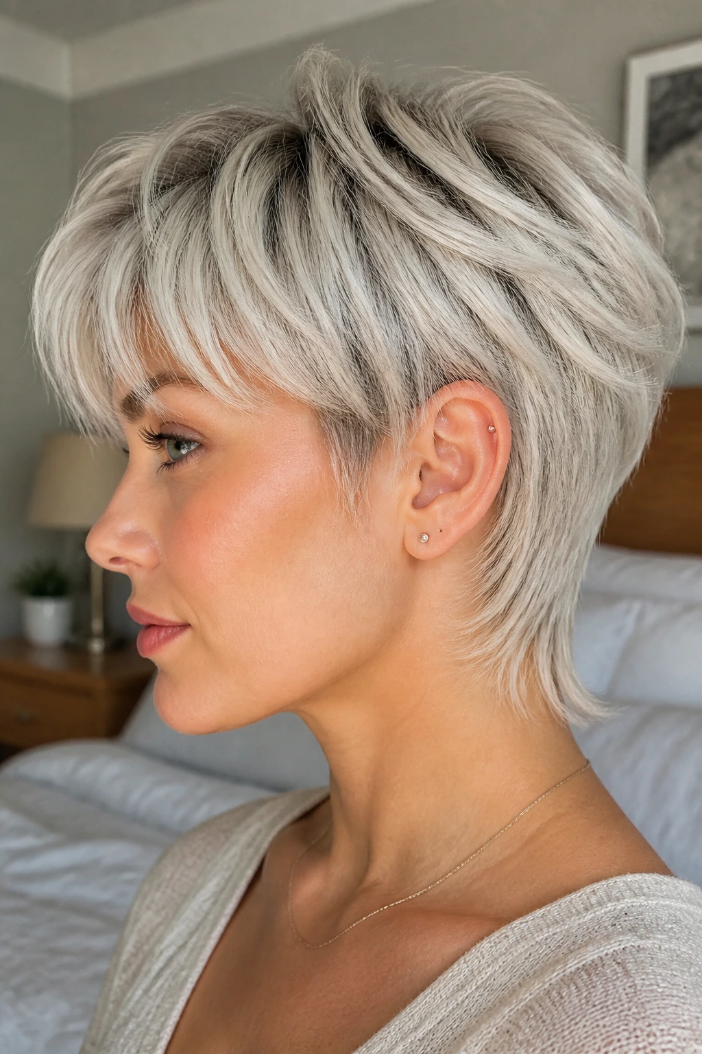 Portrait of a real person with feathered pixie and longer nape in platinum.