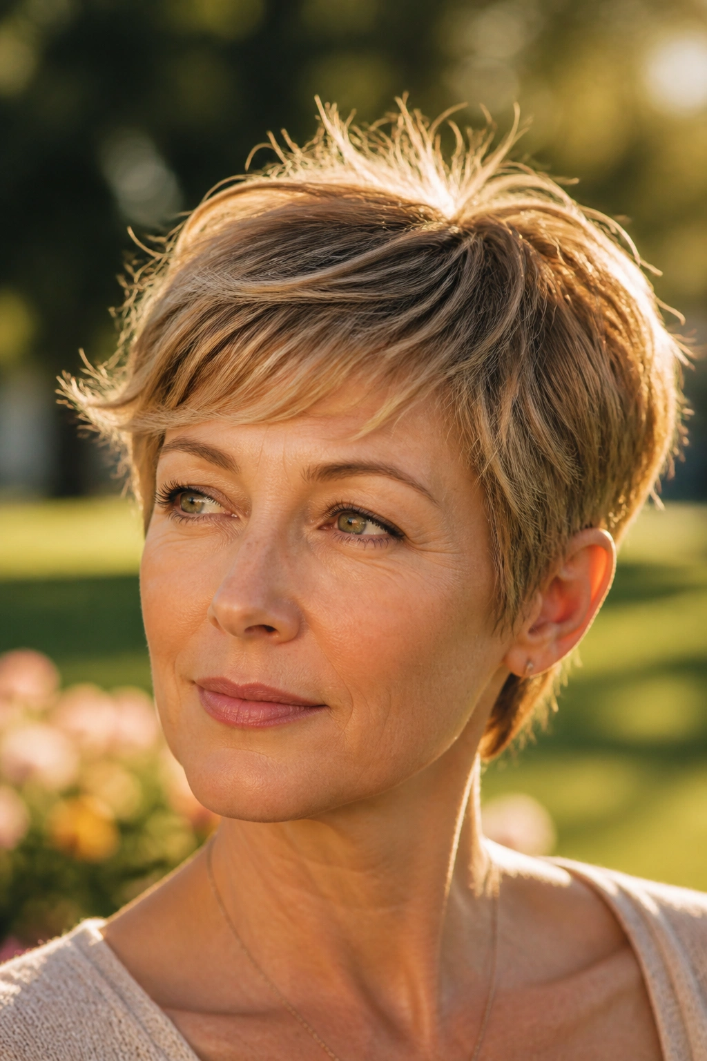 Close-up of a real woman with a feathered pixie in a sunlit outdoor setting