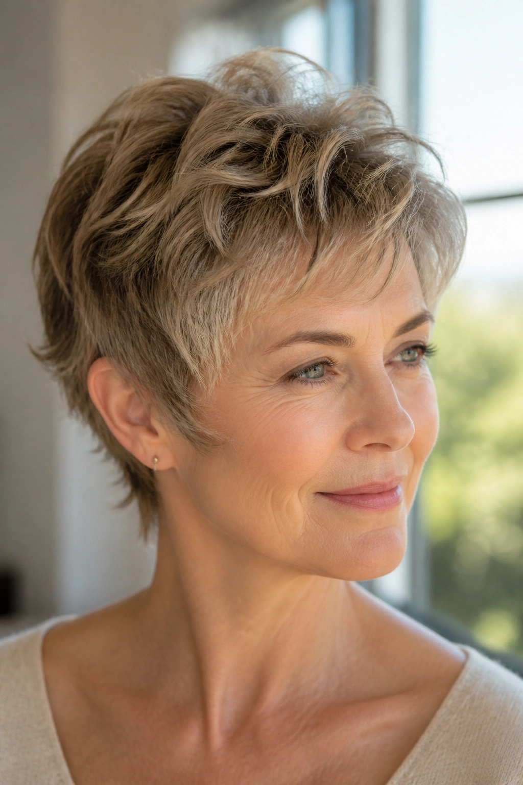 Close-up portrait of a real woman with feathered soft-edge pixie, sunlit window light