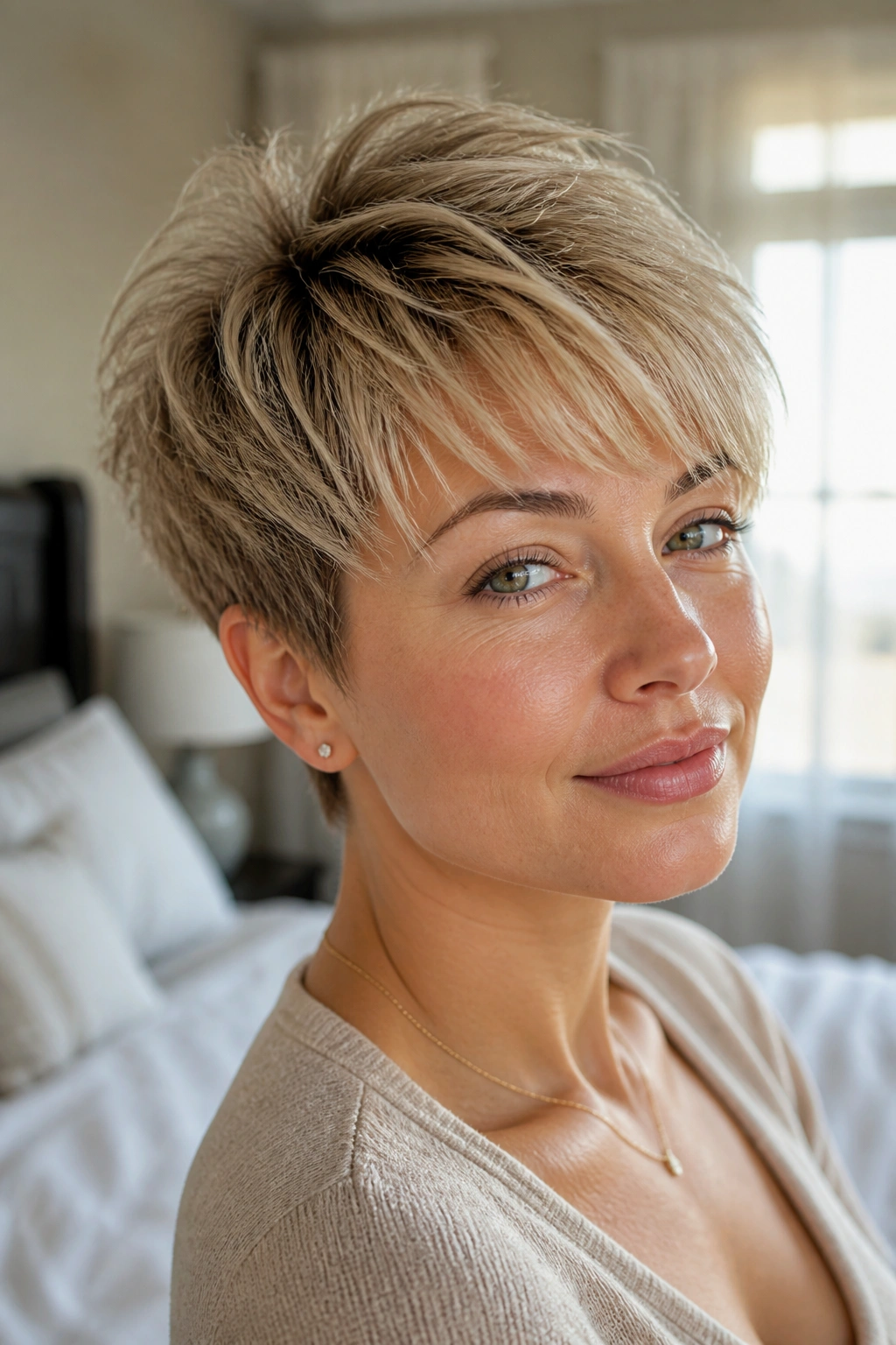 Close-up of a woman with feathered pixie hairstyle.