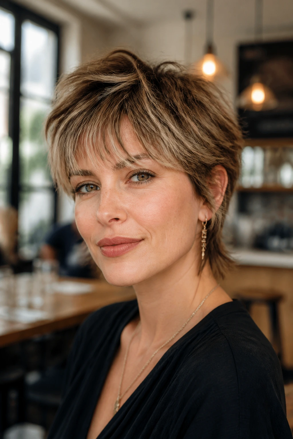 Close-up of a real person with feathered pixie-shag hybrid in urban cafe setting