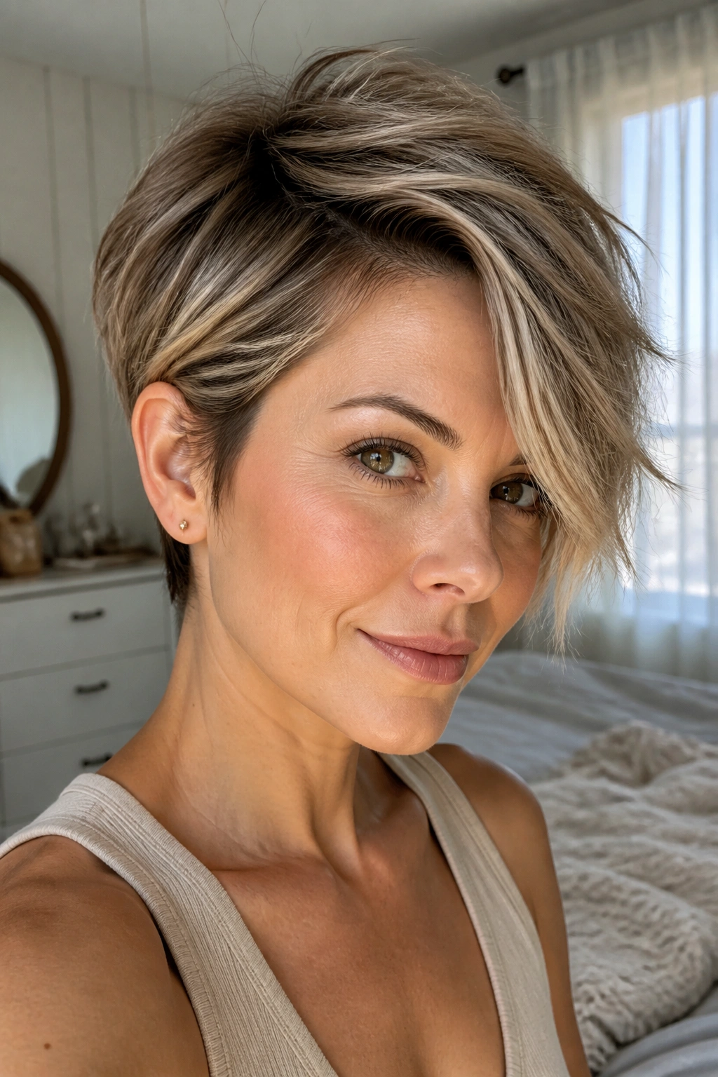 Close-up of a real woman with feathered side-part pixie