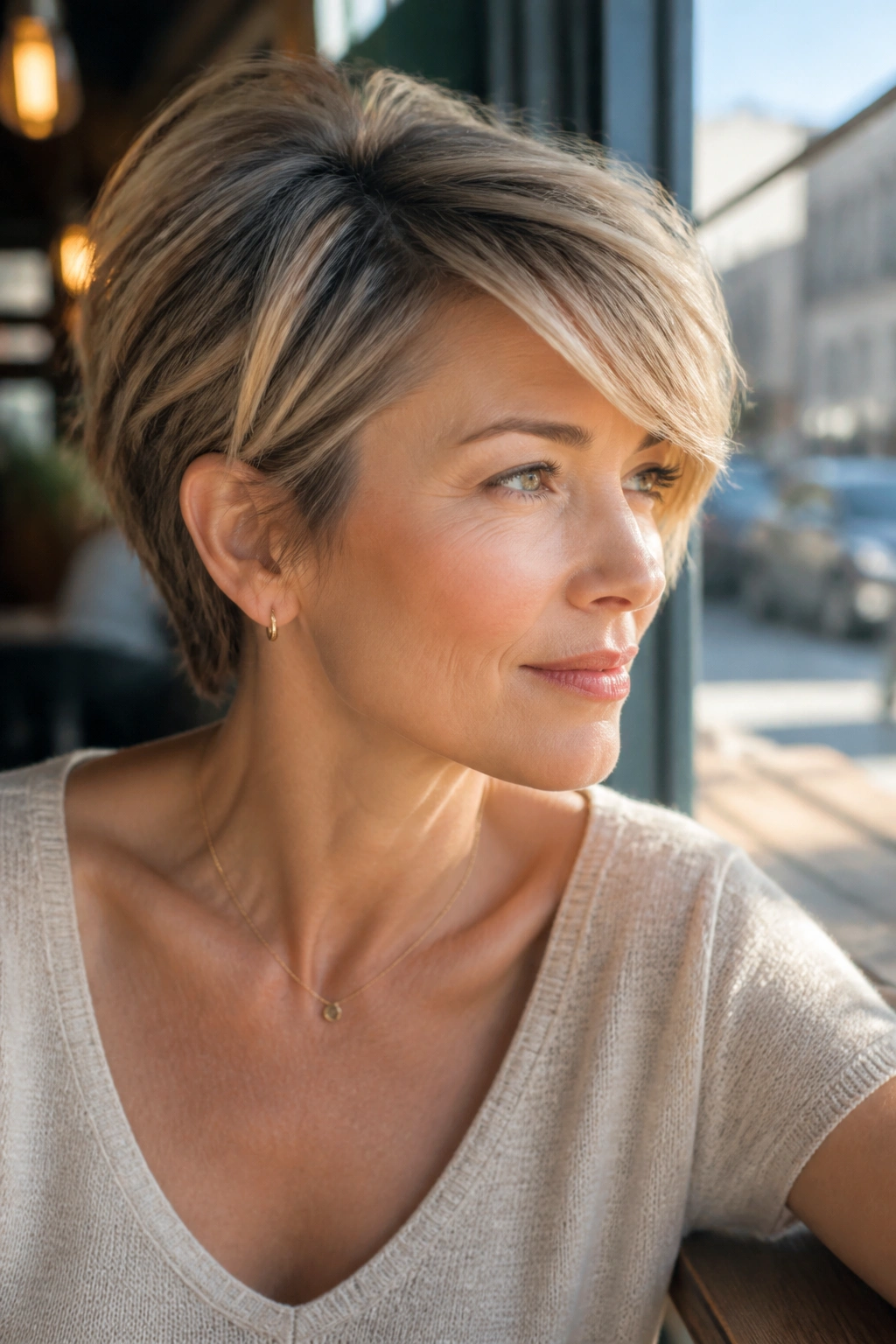 Close-up of a woman with feathered side-swept pixie under warm cafe window light