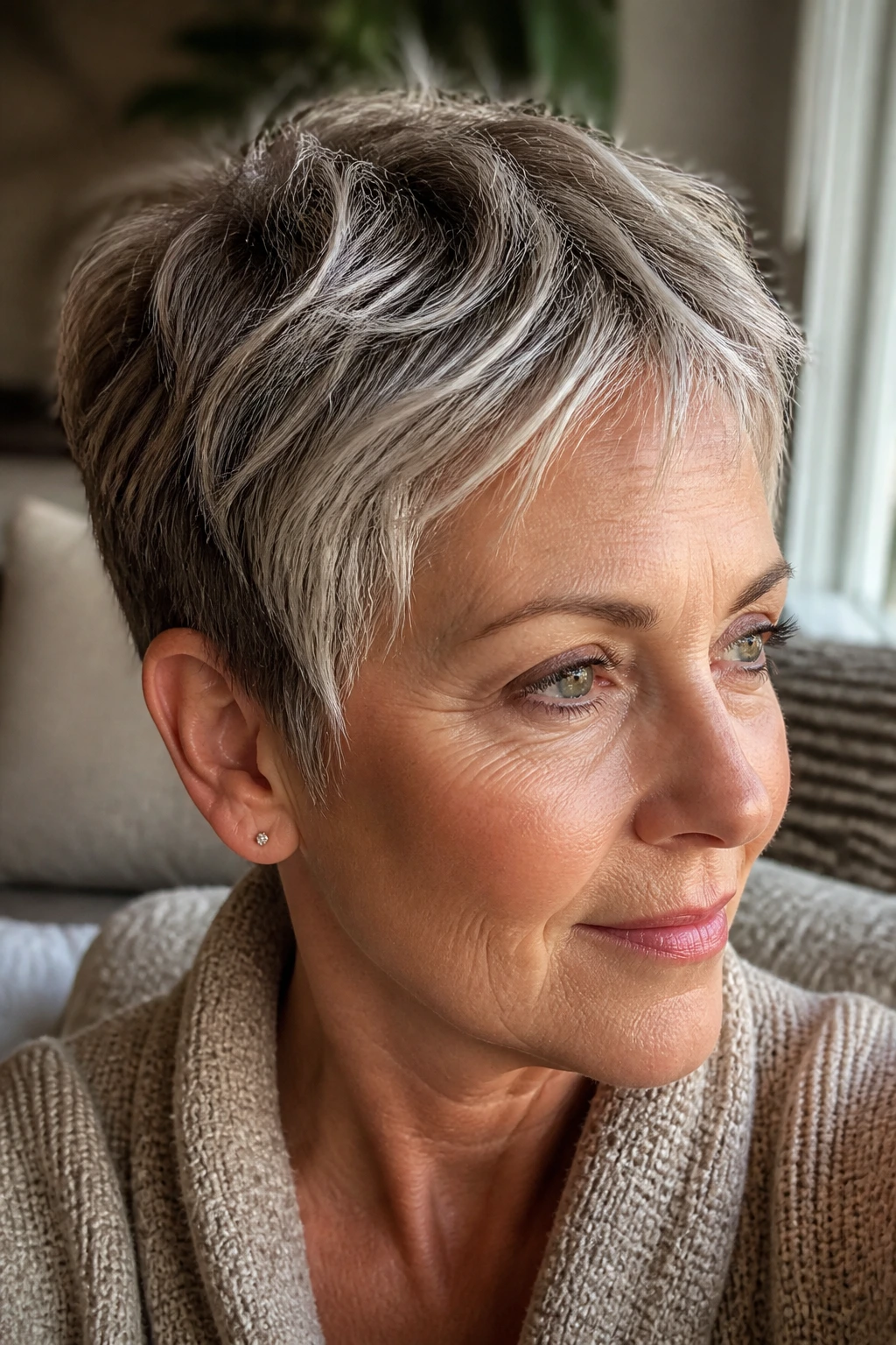 Close-up of a woman with feathered pixie and silver highlights, hair filling the frame