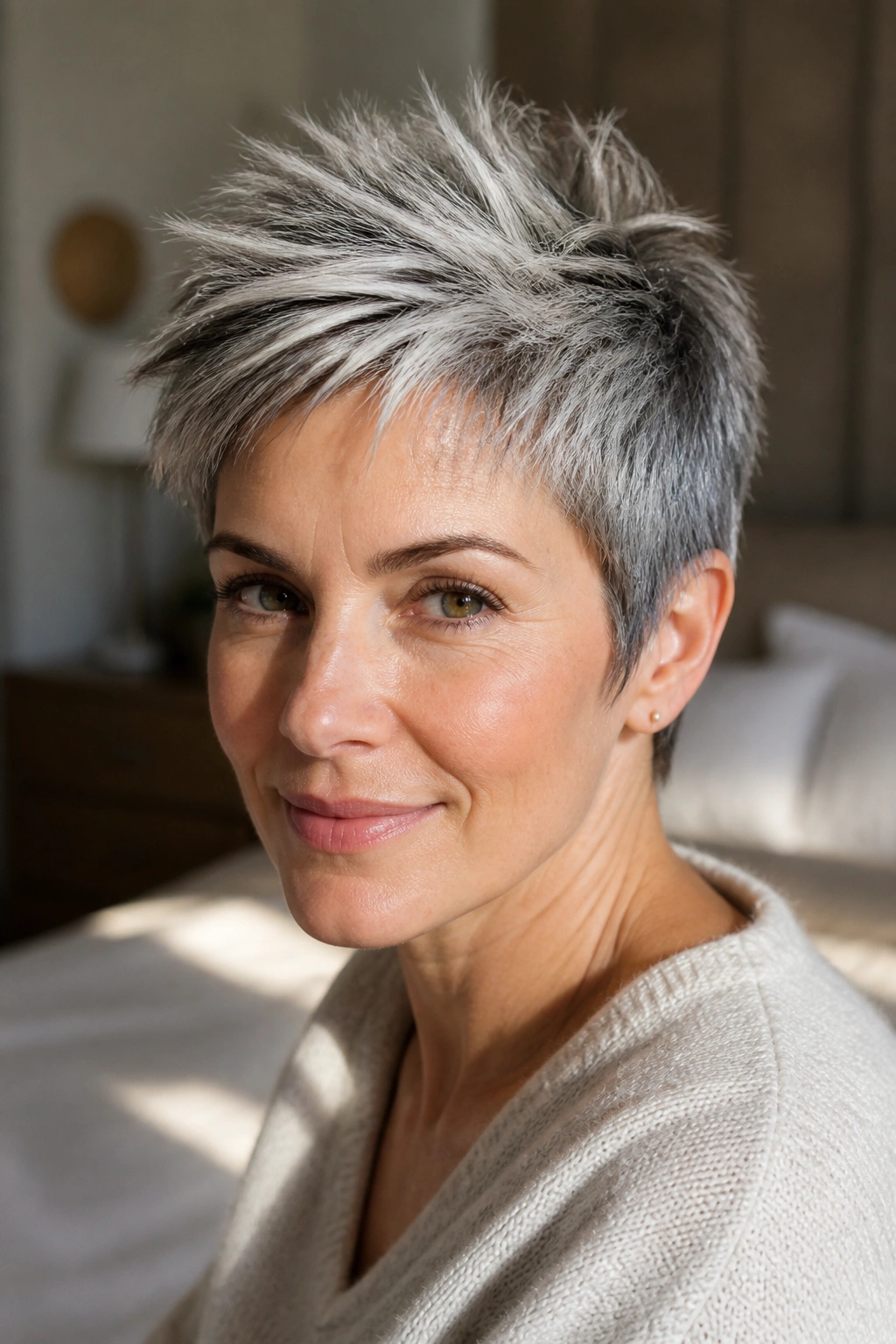 Close-up of a feathered pixie with silver tips on the crown