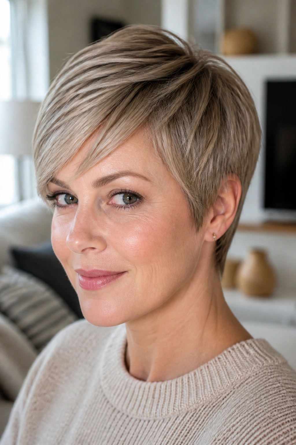 Close-up portrait of a real woman with a feathered pixie smoothed flat