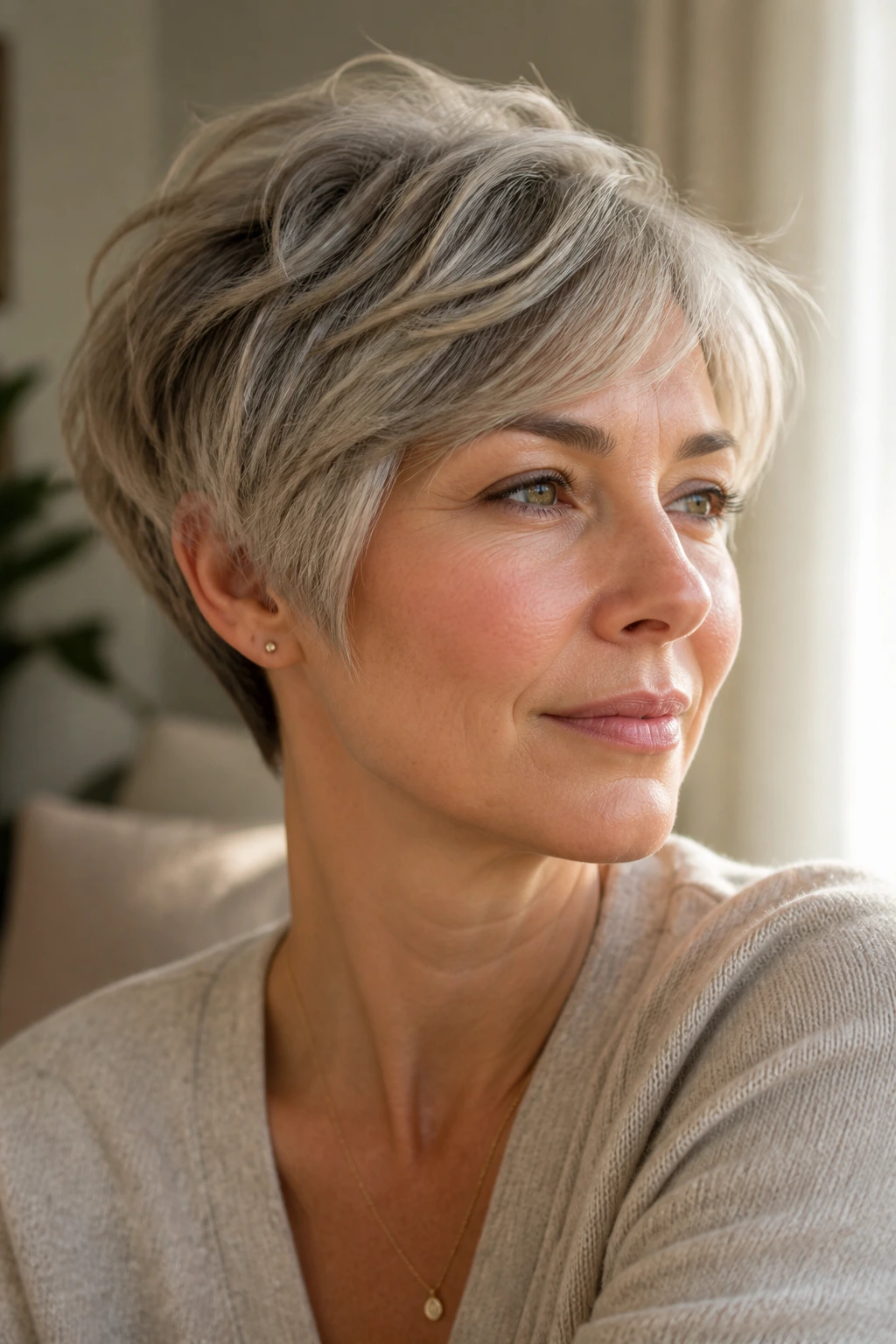 Close-up of a real woman with a feathered pixie hairstyle in natural daylight.