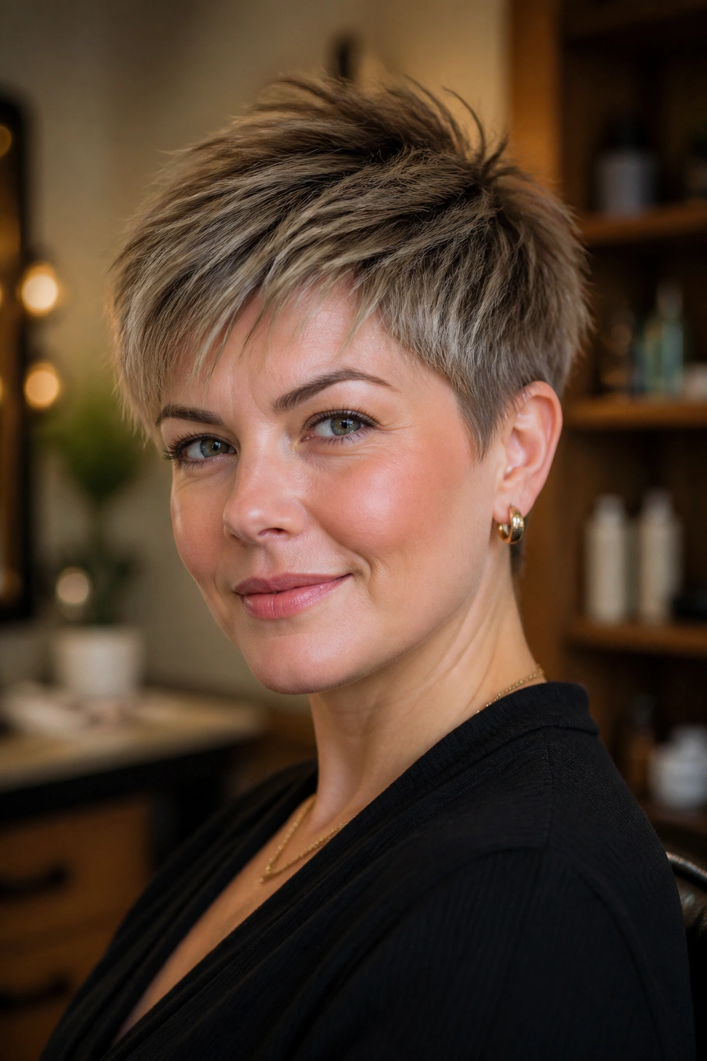 Close-up of a real woman with feathered pixie and tapered crown in a warm salon