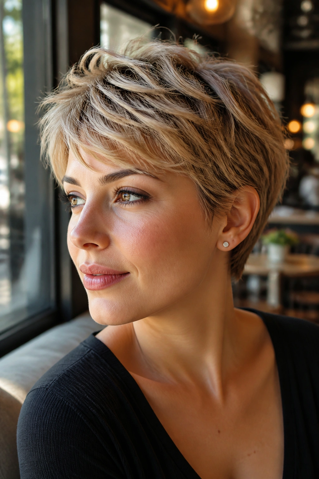 Portrait of a real woman with feathered pixie, ears tucked, soft layers and lifted crown.