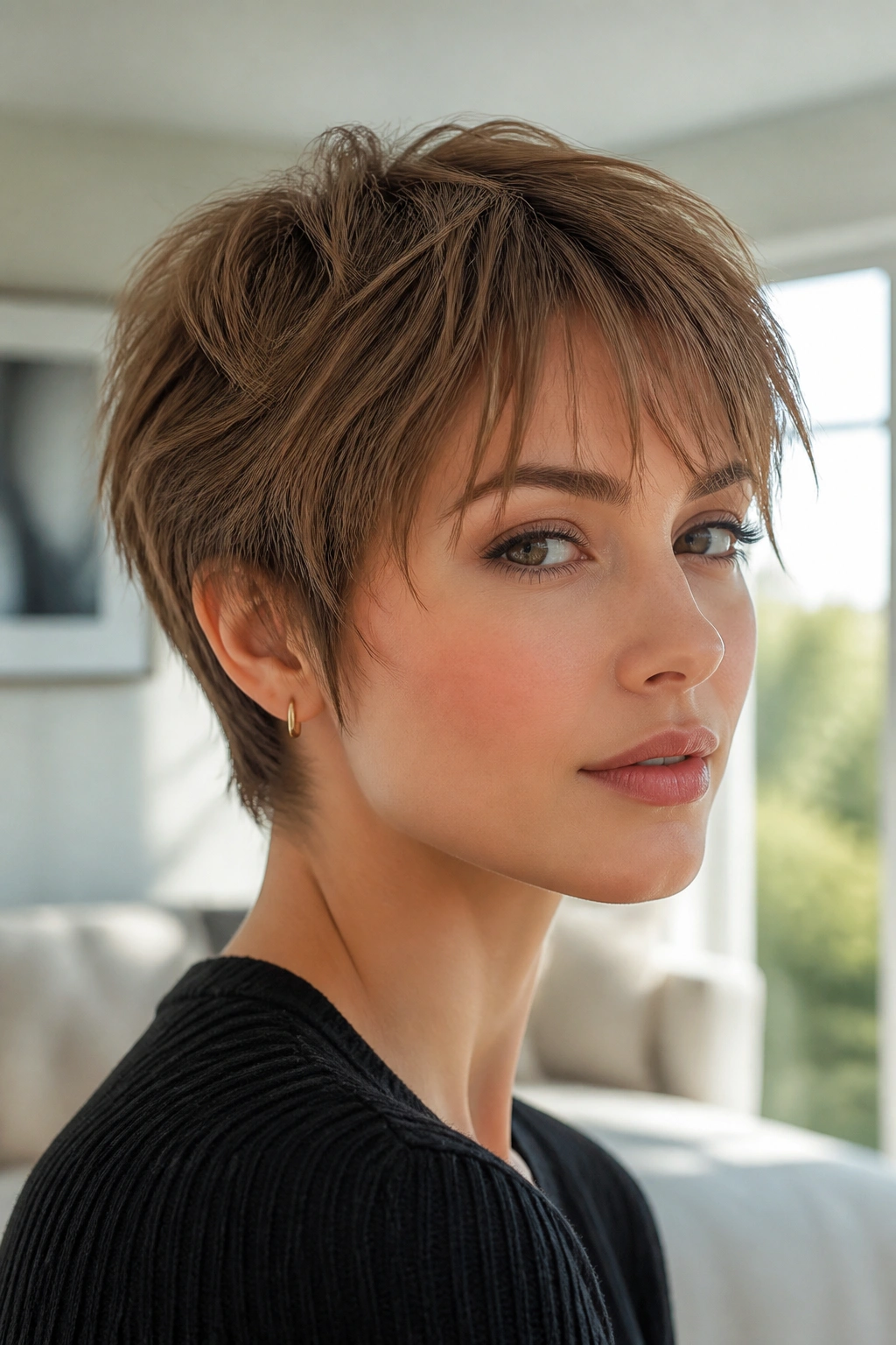 Three-quarter portrait of woman with feathered pixie and wispy bangs.