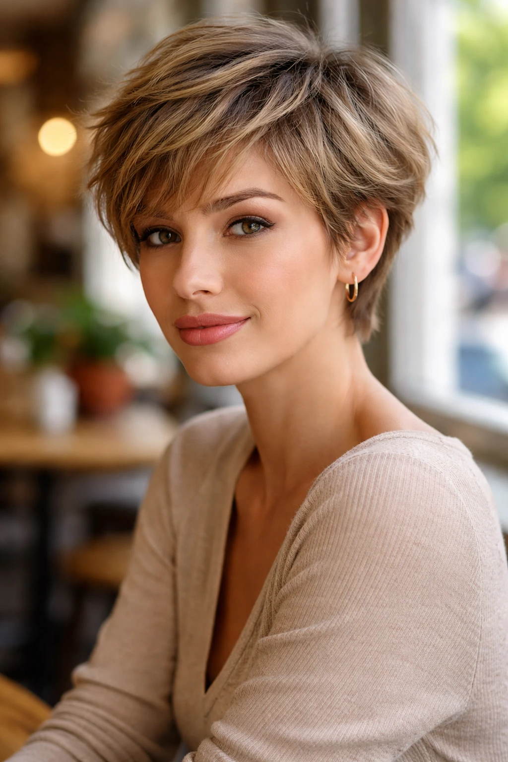 Portrait of a woman with feathered pixie showing wispy overlapping edges.