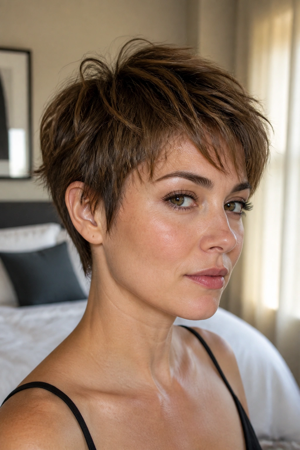 Close-up of a real woman with feathered pixie and wispy temple ends.
