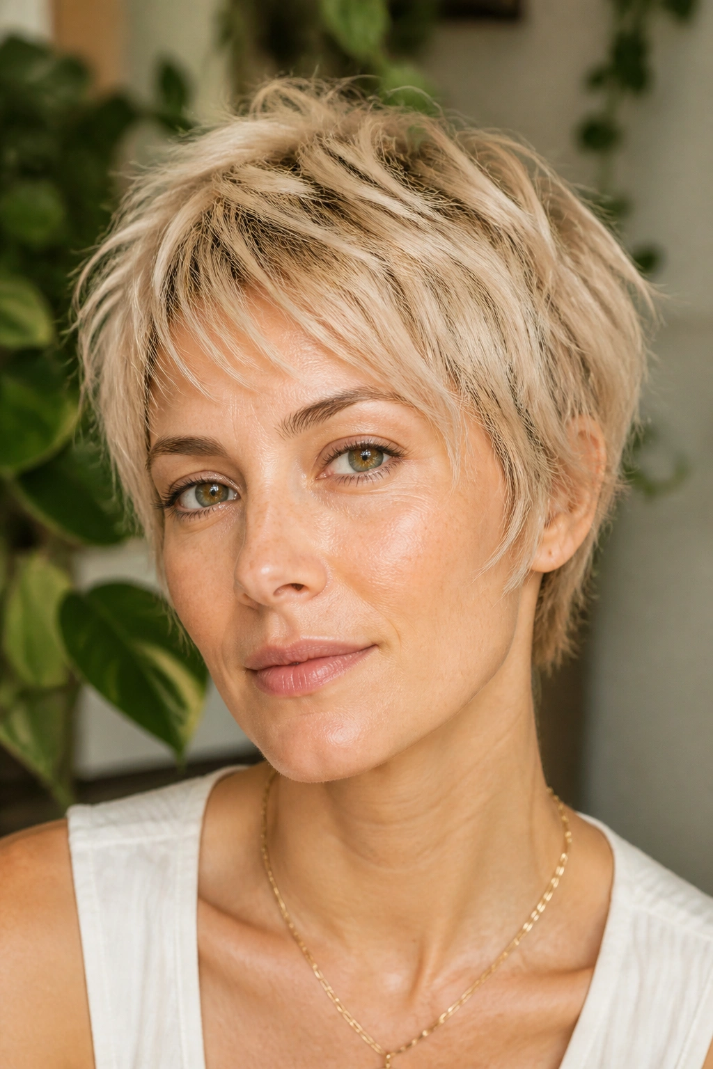 Close-up portrait of a real woman with feathered pixie and wispy ends