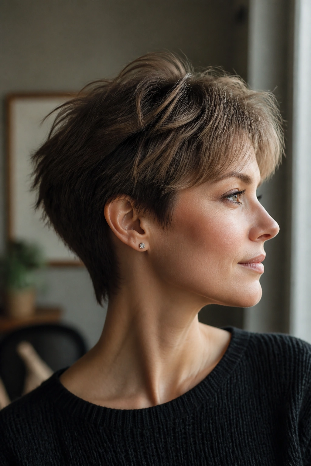 Close-up portrait of a real person with feathered pixie and wispy ends