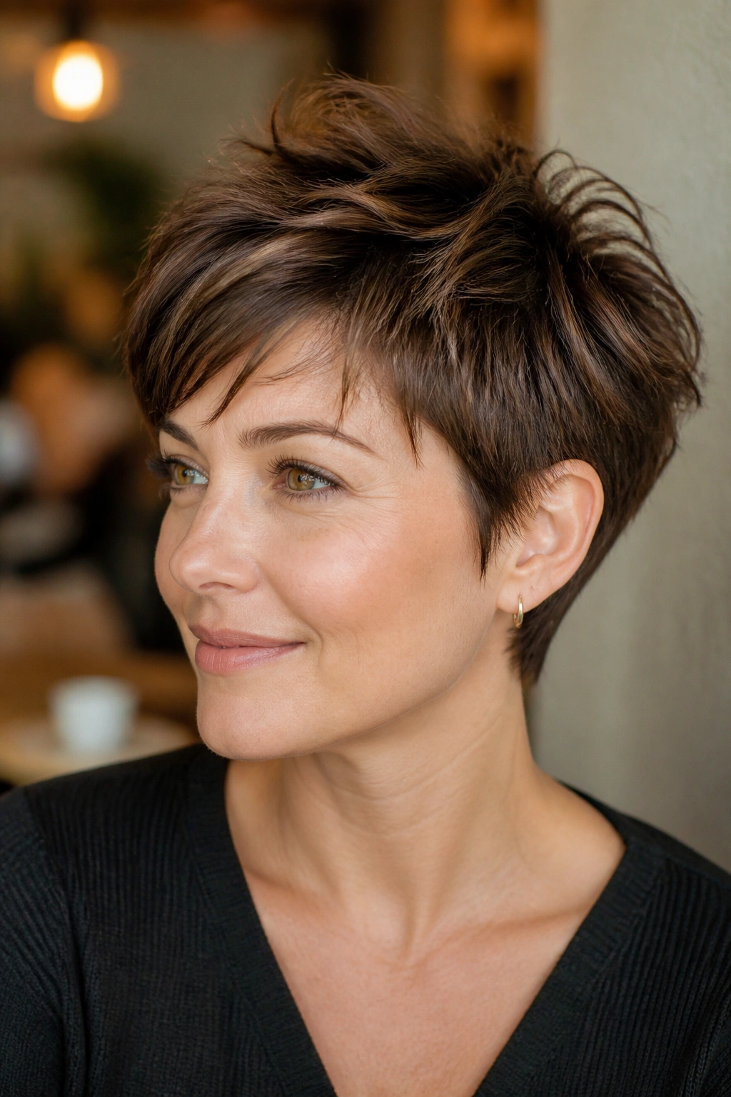 Close-up of a real woman with feathered pixie and wispy ends