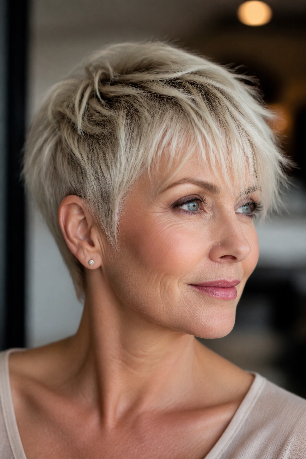 Real woman with feathered pixie and wispy fringe in icy blonde under soft light