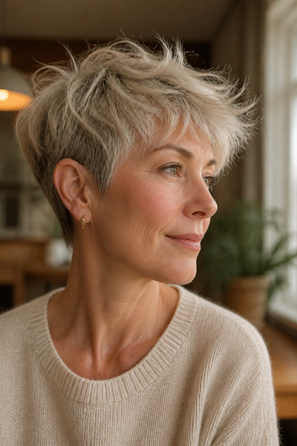 Close-up portrait of a real woman with a feathered pixie for wispy hair