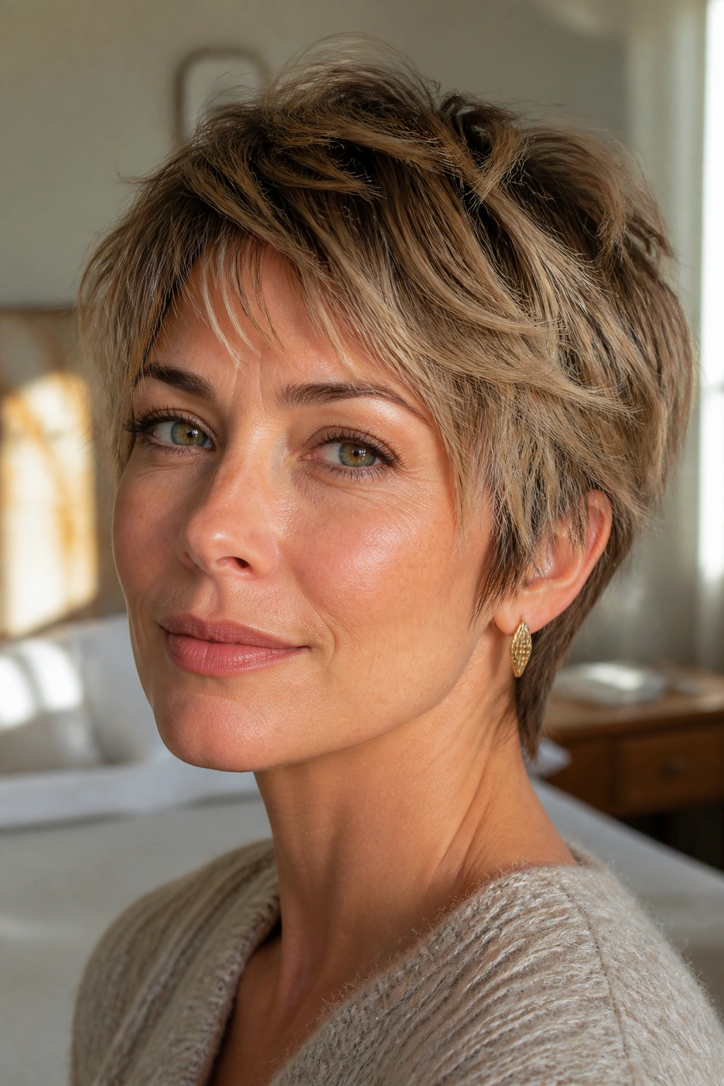 Close-up of a real woman with feathered pixie and wispy nape.