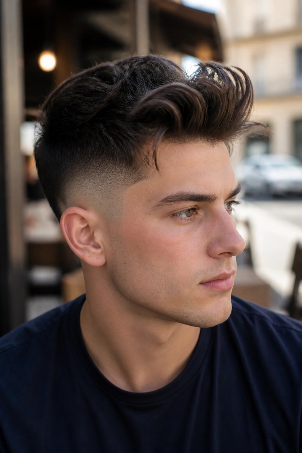 Close-up portrait of a real person with a feathered quiff and drop fade.