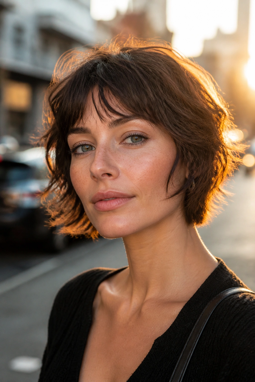 Close-up portrait of a real woman with a feathered razor bob and broken layers.
