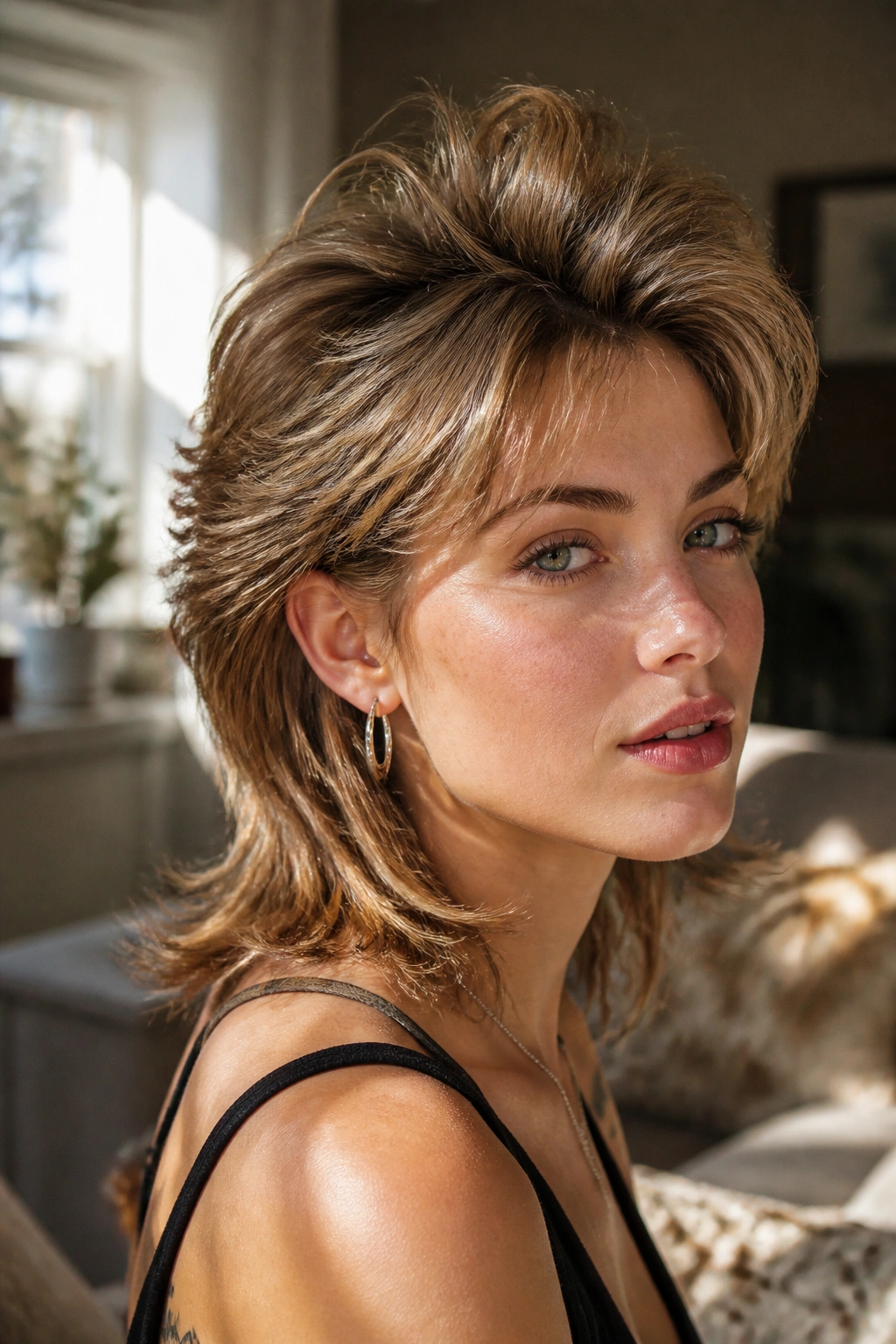 Close-up portrait of a real person with feathered retro mullet featuring lifted crown and feathered layers.