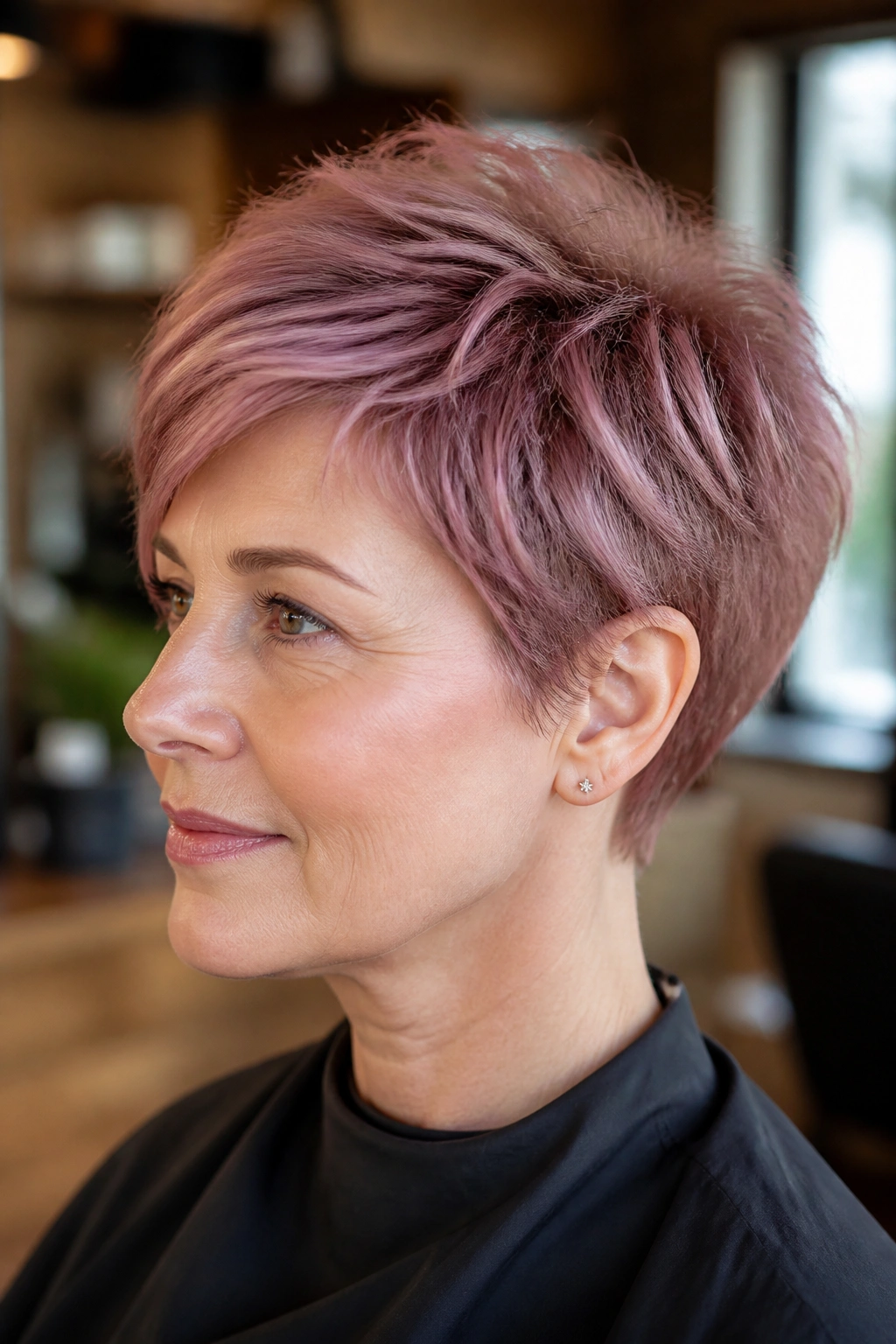 Close-up of real woman with feathered rose crop for fine hair in warm salon lighting