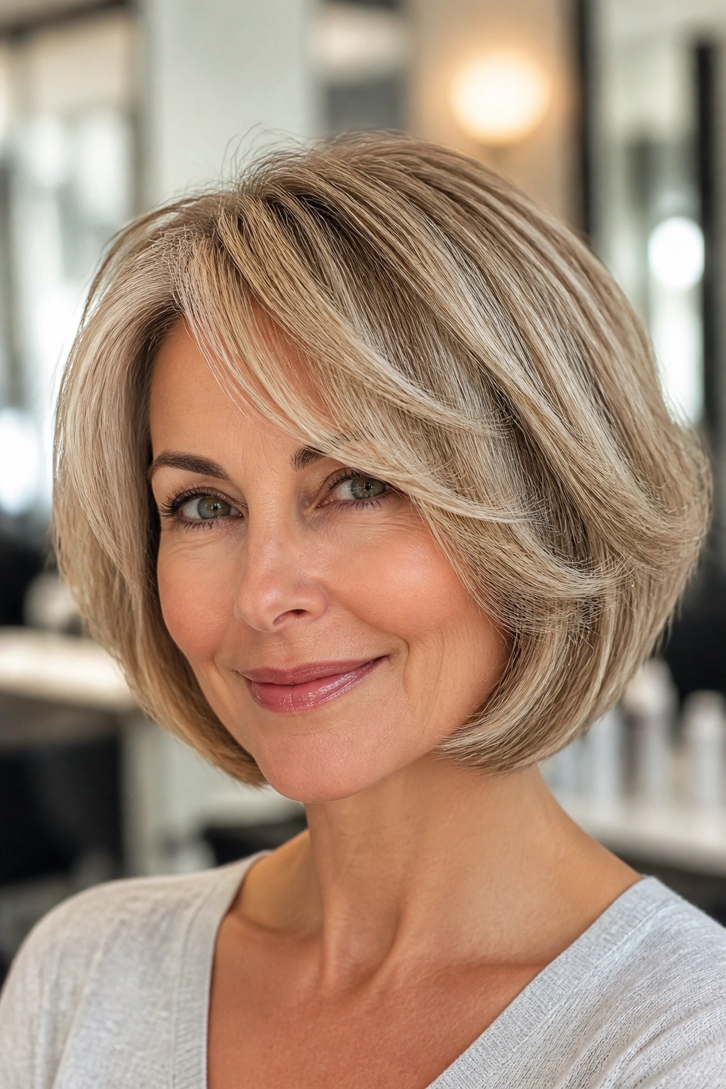 Close-up portrait of a real woman with a feathered rounded bob and airy volume