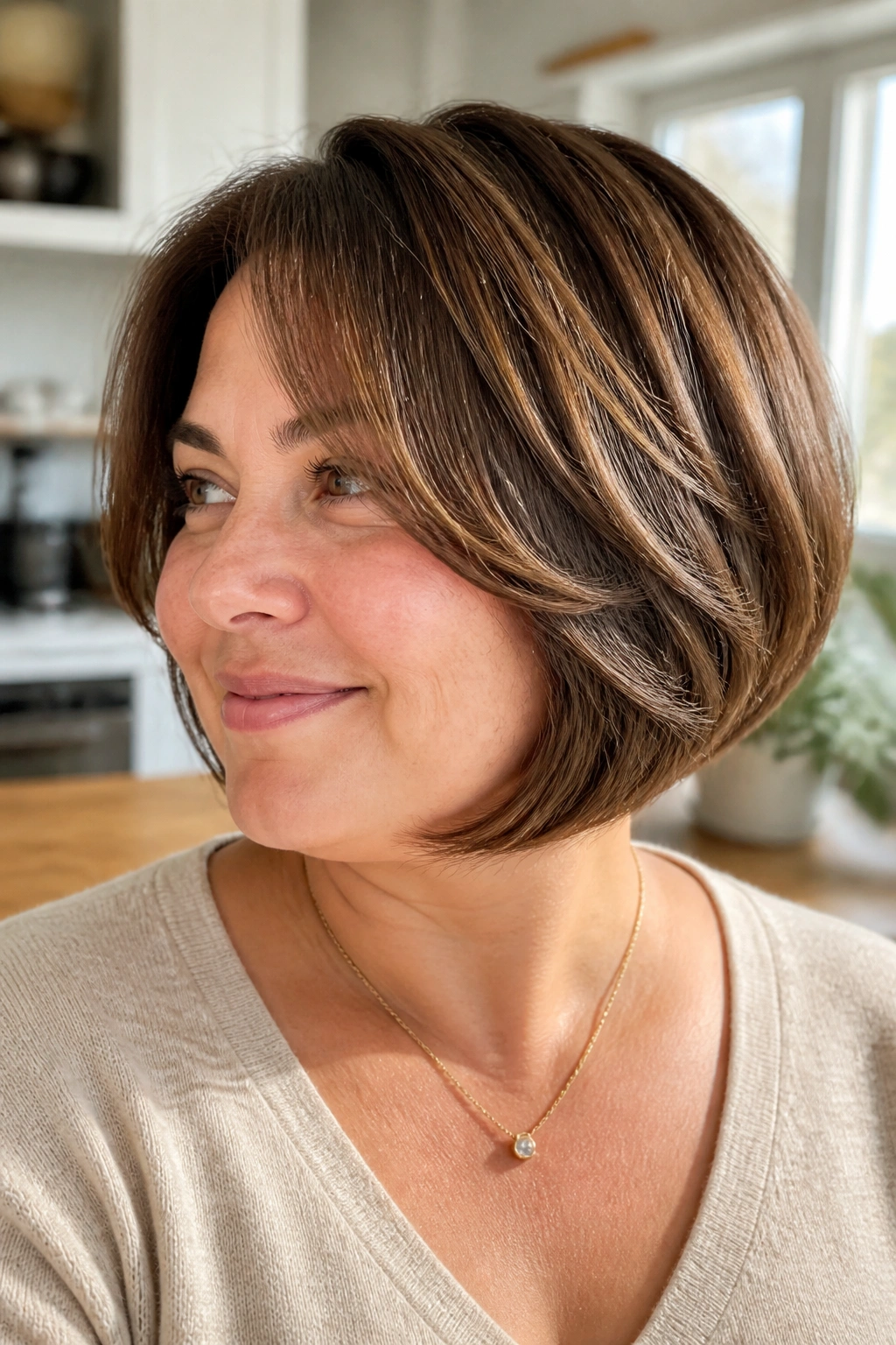 Portrait of a real woman with a feathered rounded bob and soft layered edges