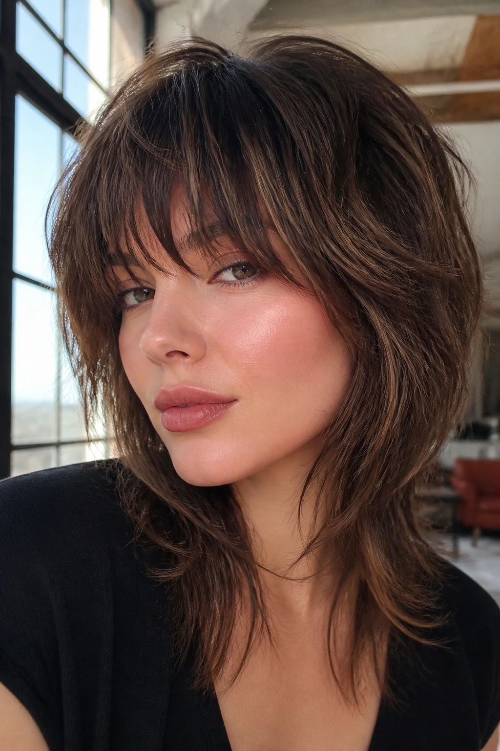 Real woman with feathered shag and airy brow-framing fringe in soft natural light
