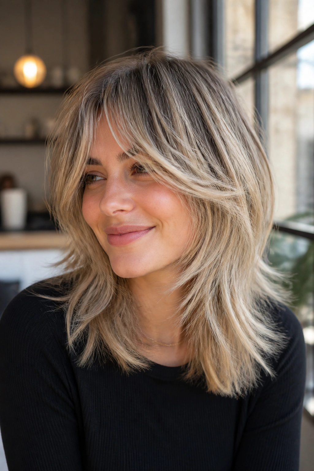 Real woman with feathered shag cut and ash blonde ribbons.
