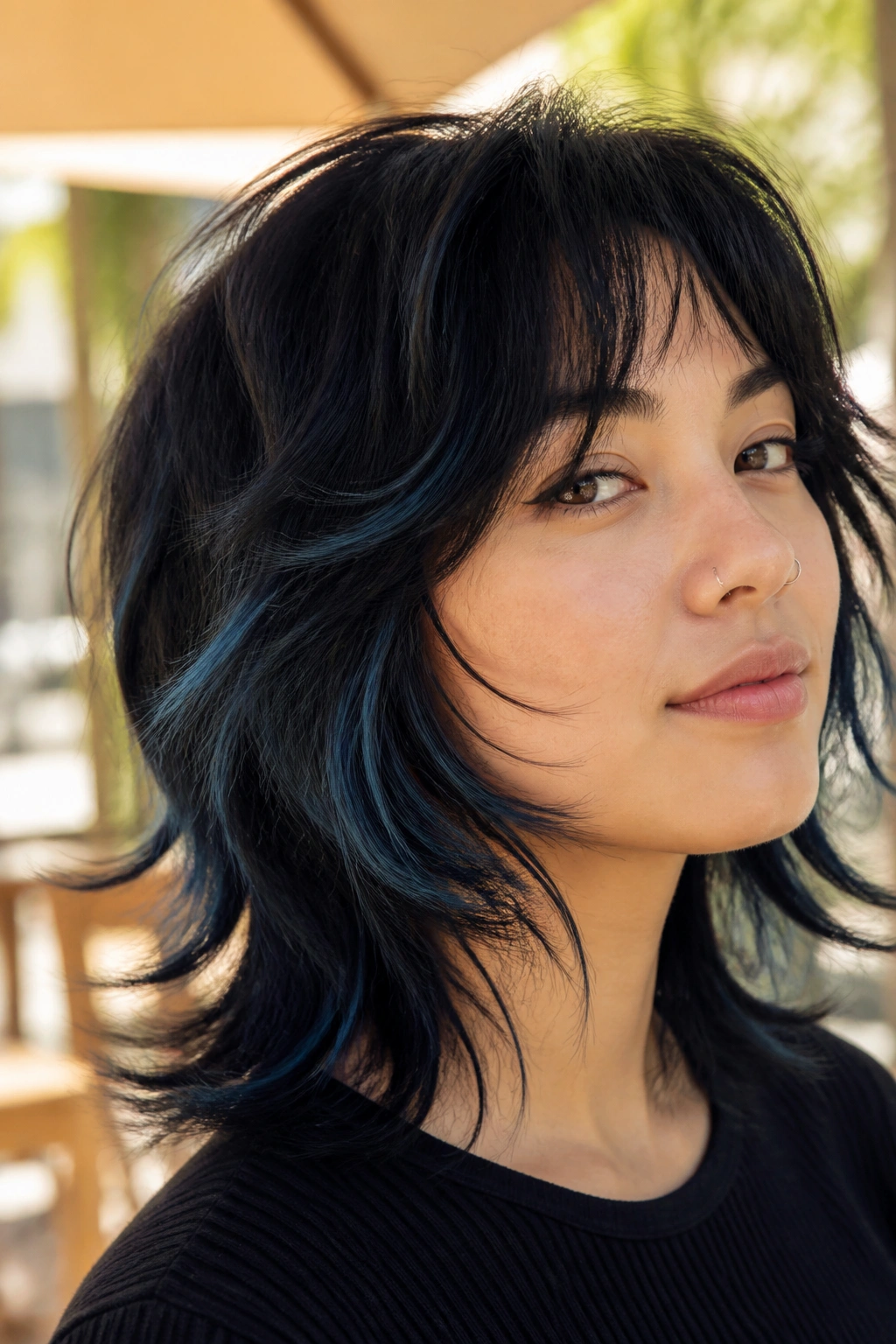 Portrait of a woman with feathered blue-black highlights on a shaggy cut.