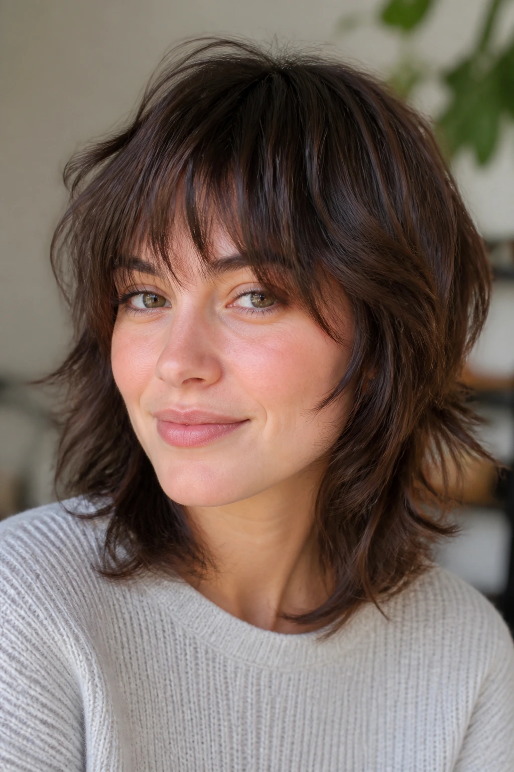 Close-up portrait of a real woman with feathered shag and broken fringe pieces in natural light