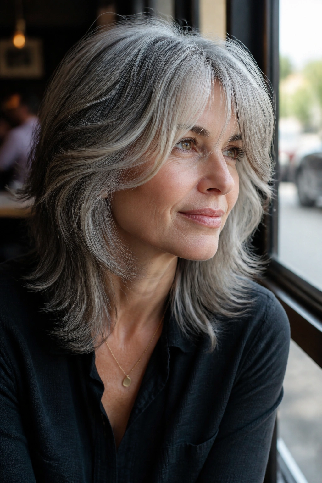 Close-up of a real woman with feathered midlength shag and cheekbone pieces in gray
