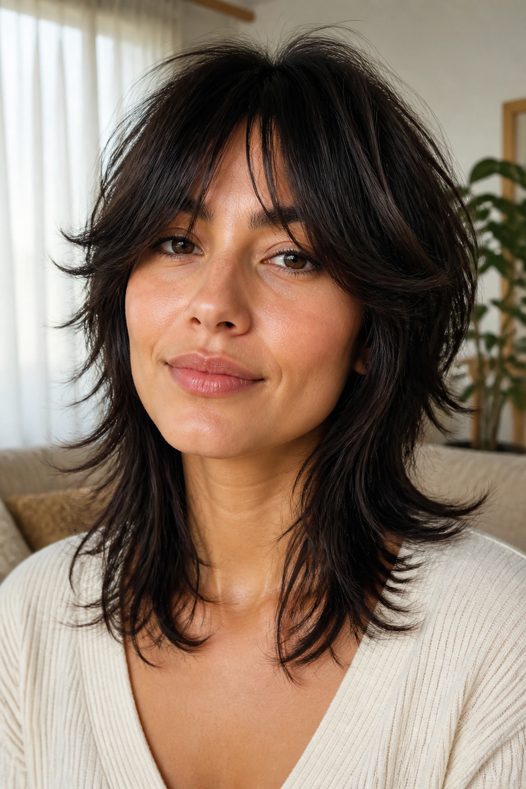 Close-up portrait of a woman with feathered shag and curtain bangs