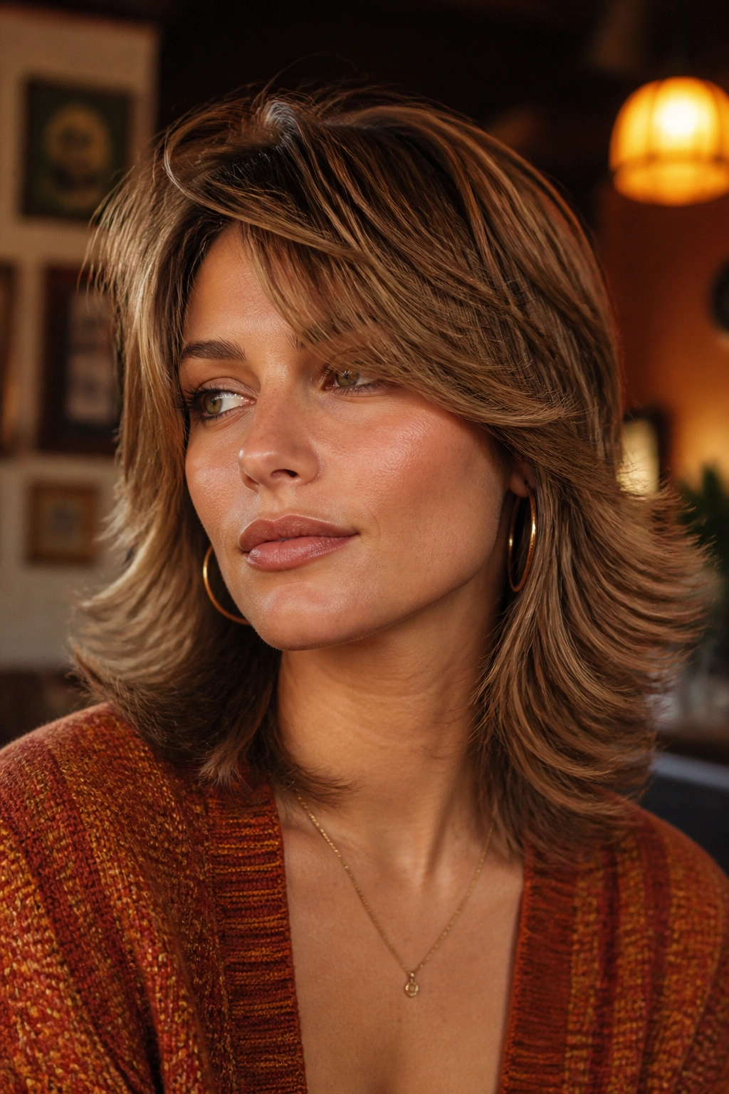 Close-up of a real woman with retro feathered shag and flipped ends under warm lighting