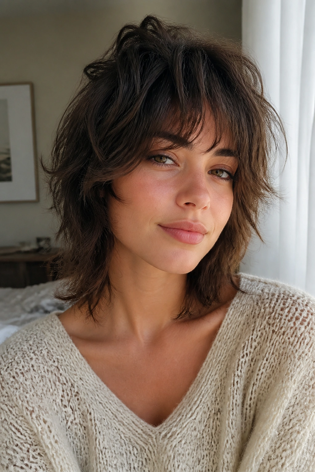 Close-up portrait of a real woman with feathered shag hairstyle and soft layers.