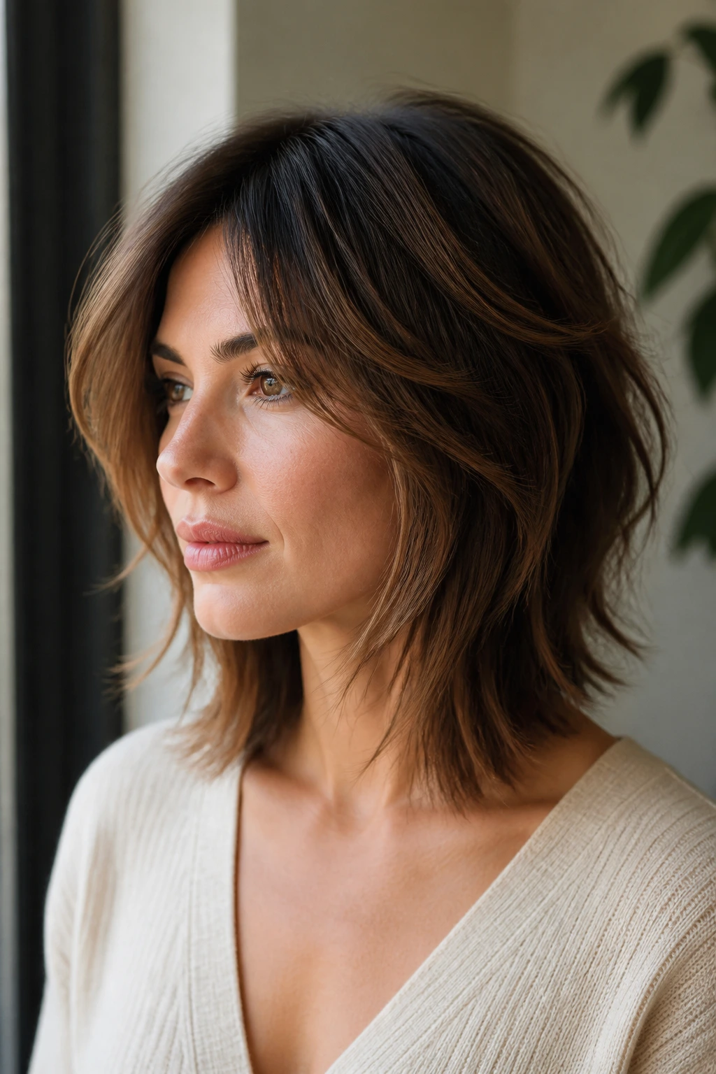 Portrait of a woman with a feathered shag lob and cheekbone-framing layers
