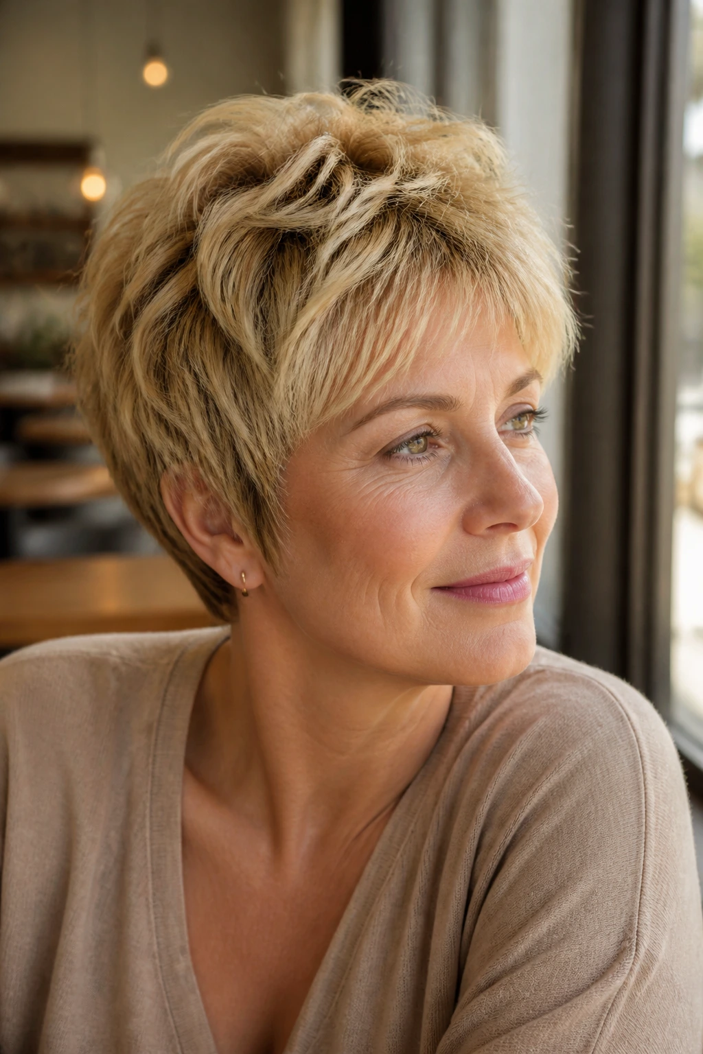 Close-up portrait of a real woman with feathered shag pixie in warm blonde