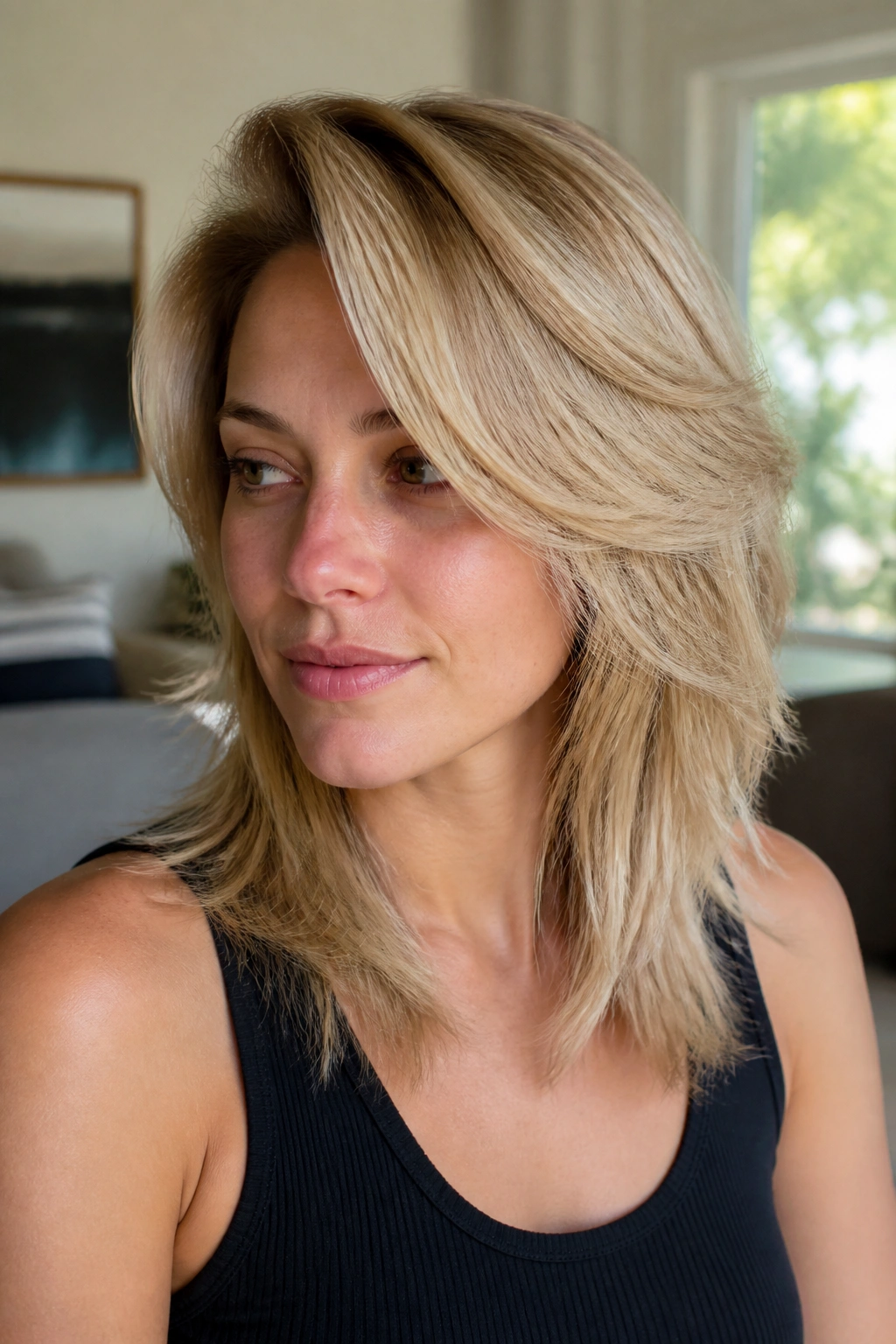 Close-up of a real woman with Feathered Side-Part Shag featuring feathered layers and a deep side part