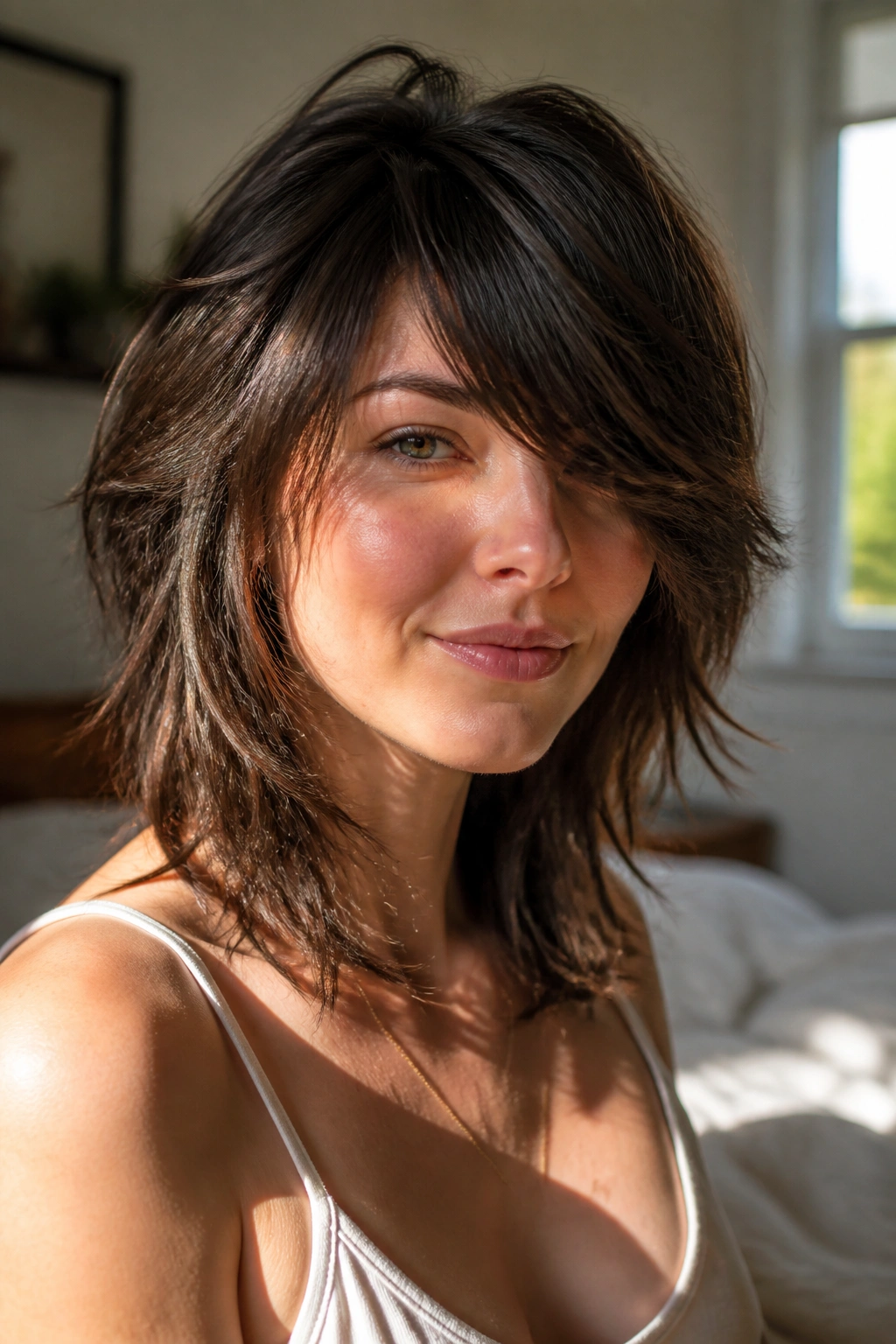 Close-up of a real woman with a feathered shag and side-swept front in warm window light.